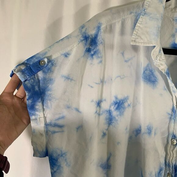 Jane Delancey Blouse Women's 1X White Blue Tie Dye Button Up Short Sleeve - Picture 3 of 9